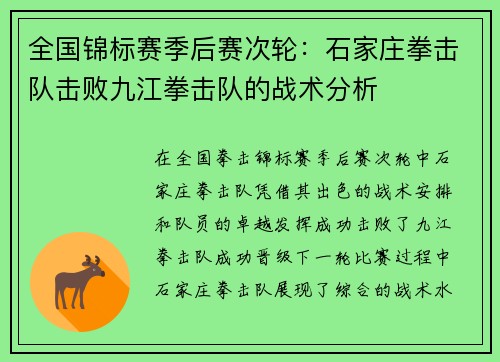 全国锦标赛季后赛次轮：石家庄拳击队击败九江拳击队的战术分析