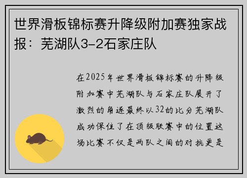 世界滑板锦标赛升降级附加赛独家战报：芜湖队3-2石家庄队
